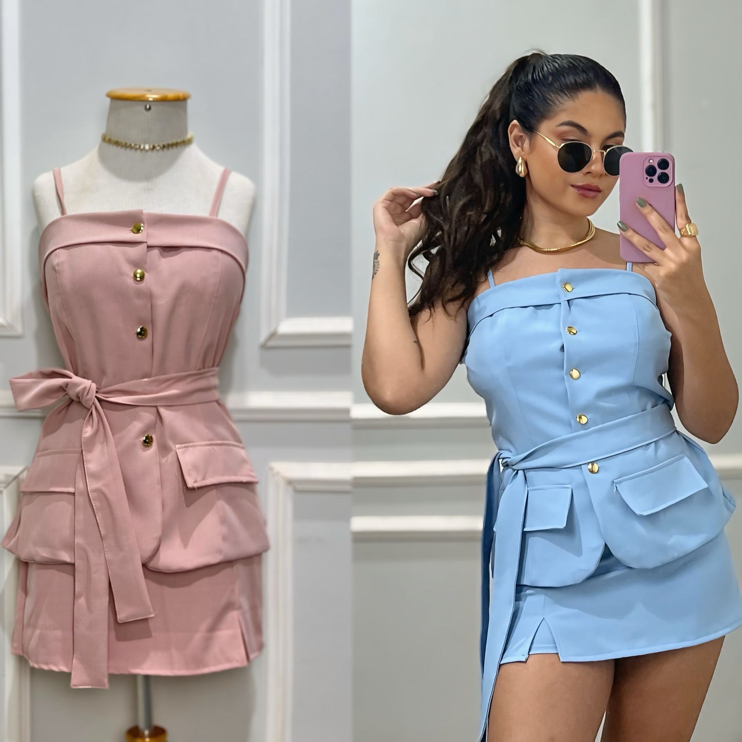 Conjunto Blusa e Short Saia Alfaiataria com Botões