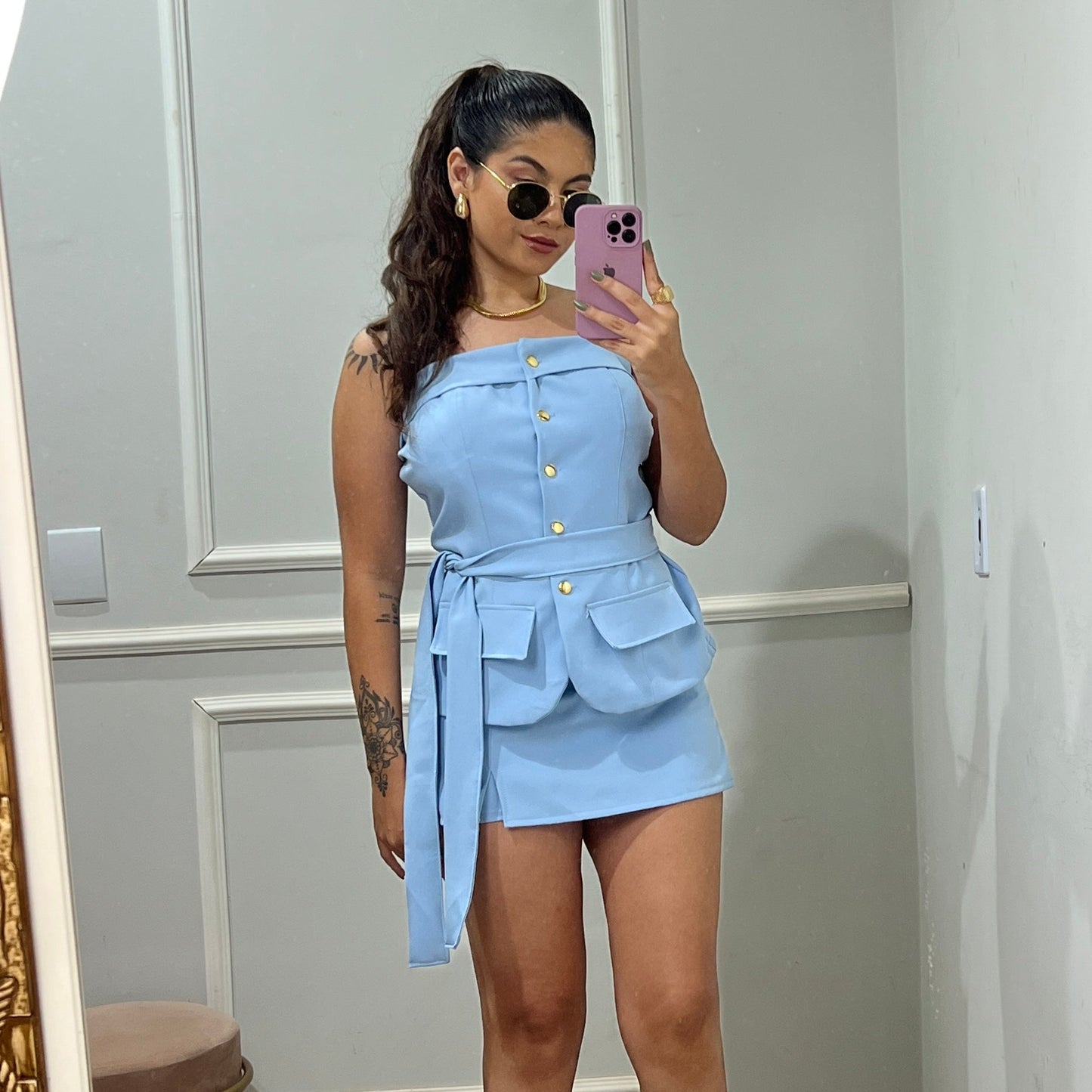 Conjunto Blusa e Short Saia Alfaiataria com Botões