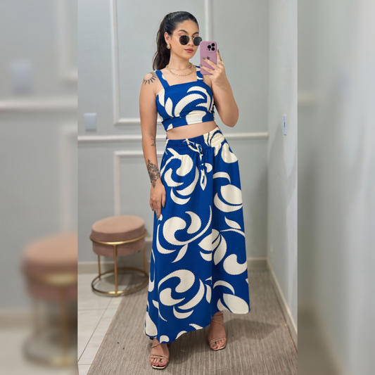 Conjunto Cropped e Saia Longa Estampado