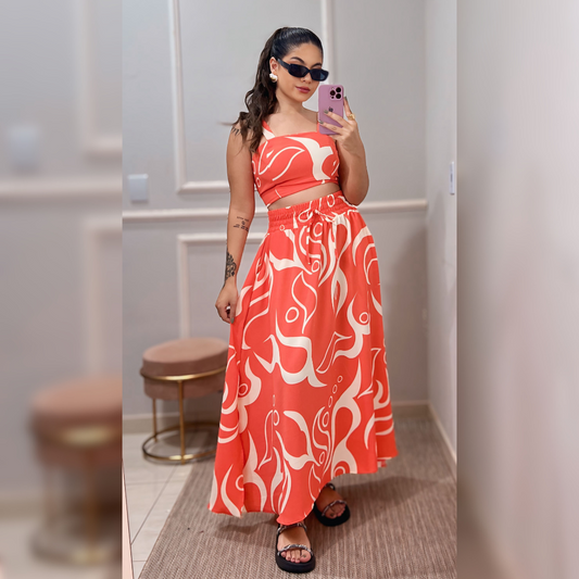 Conjunto Cropped e Saia Longa Estampado