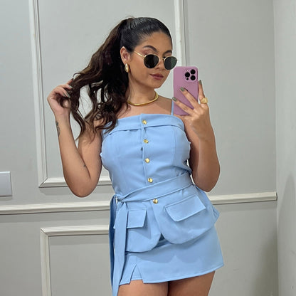 Conjunto Blusa e Short Saia Alfaiataria com Botões