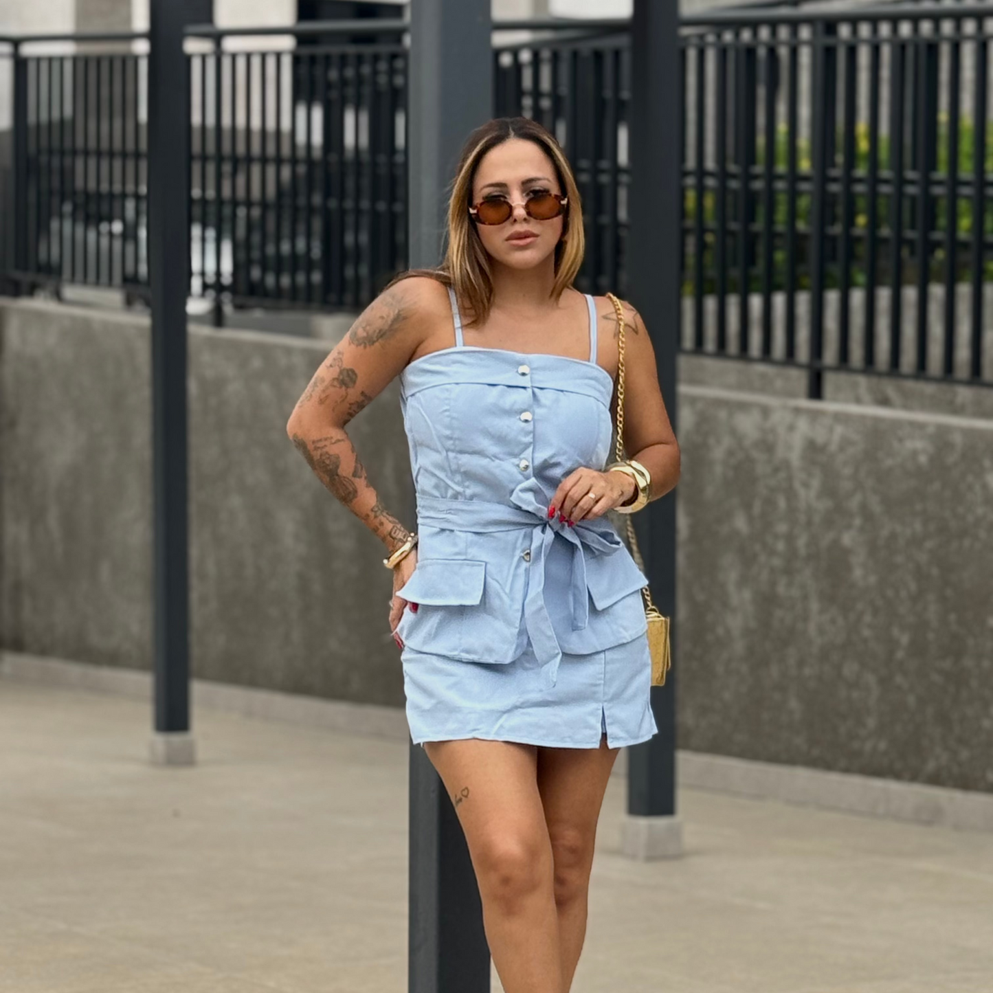 Conjunto Blusa e Short Saia Alfaiataria com Botões