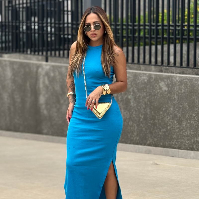 Vestido Midi Regata com Fendas Canelado Ribana