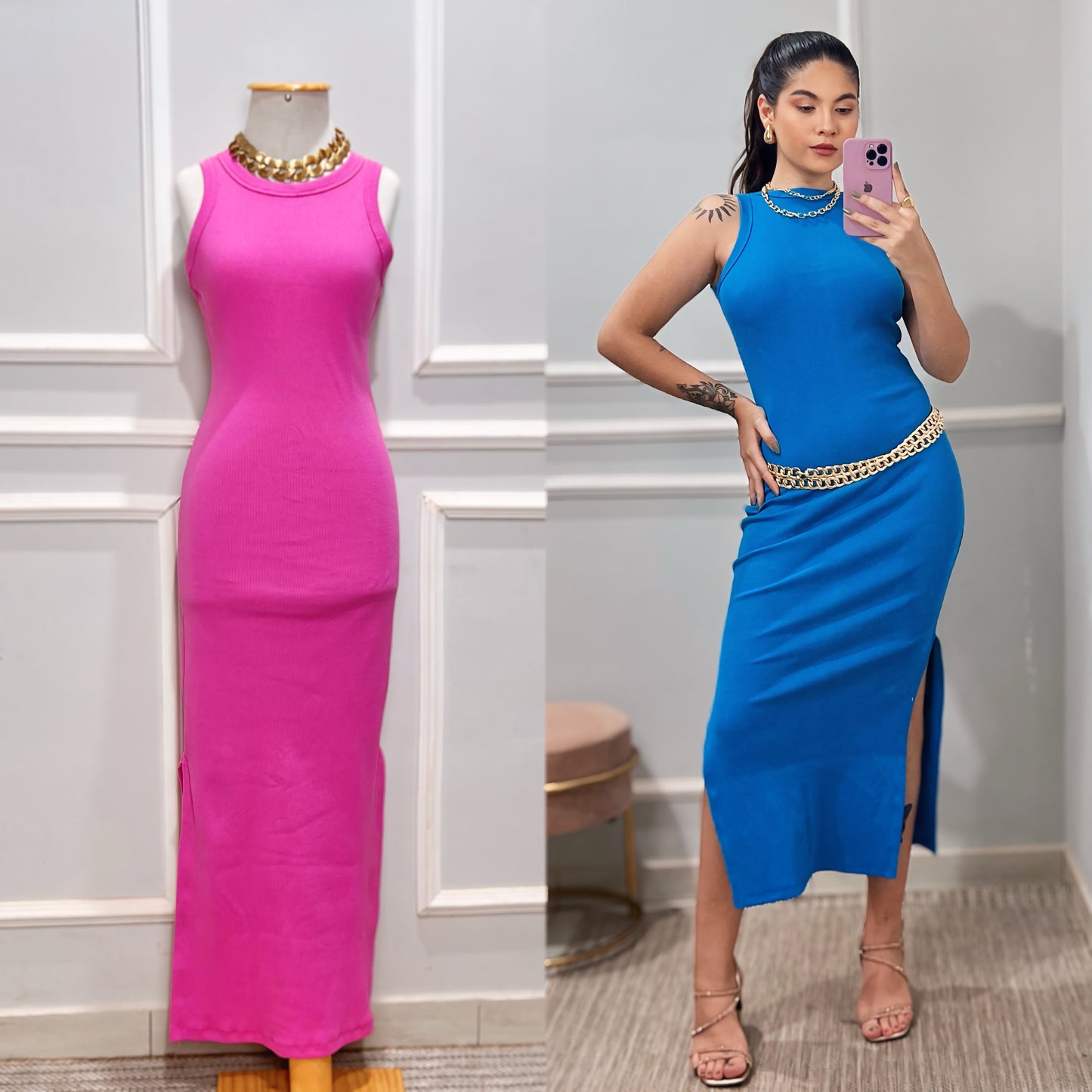 Vestido Midi Regata com Fendas Canelado Ribana