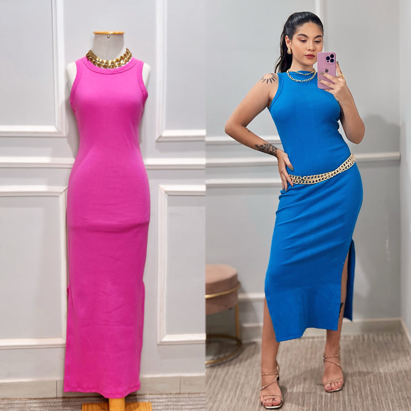 Vestido Midi Regata com Fendas Canelado Ribana