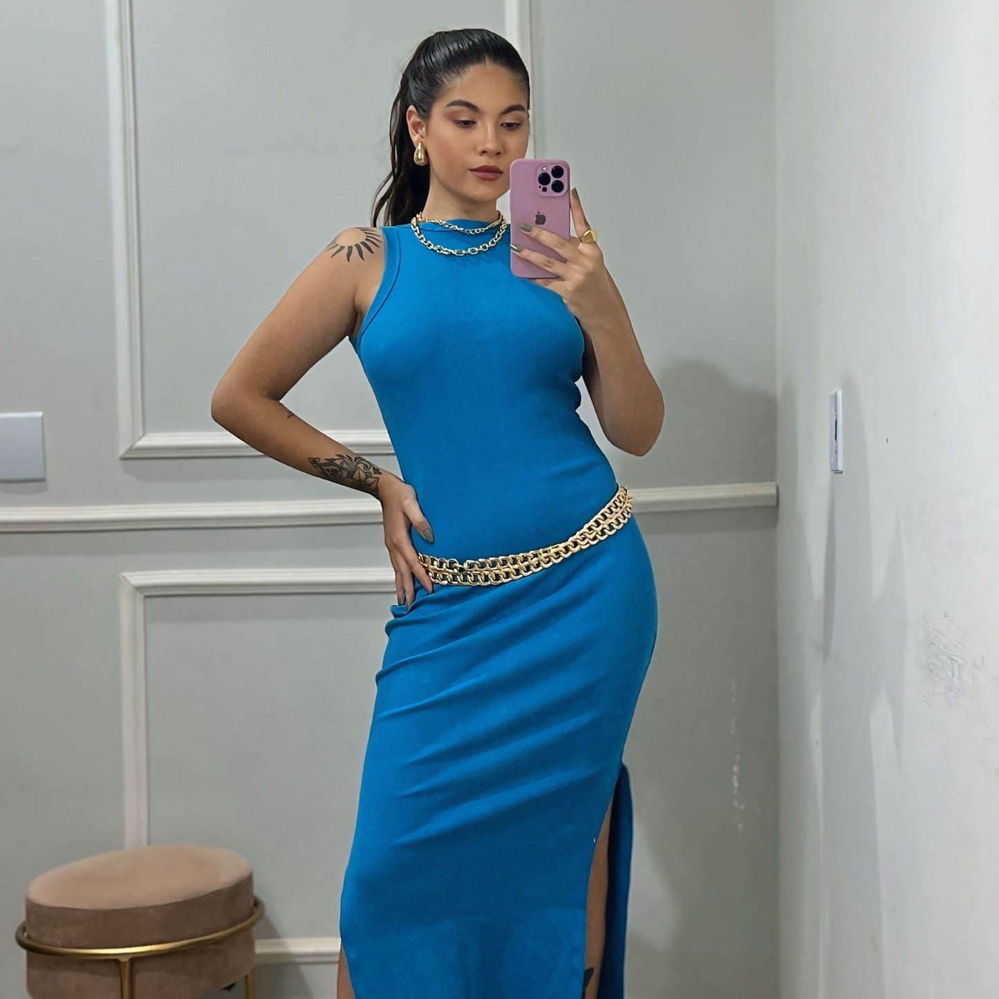 Vestido Midi Regata com Fendas Canelado Ribana