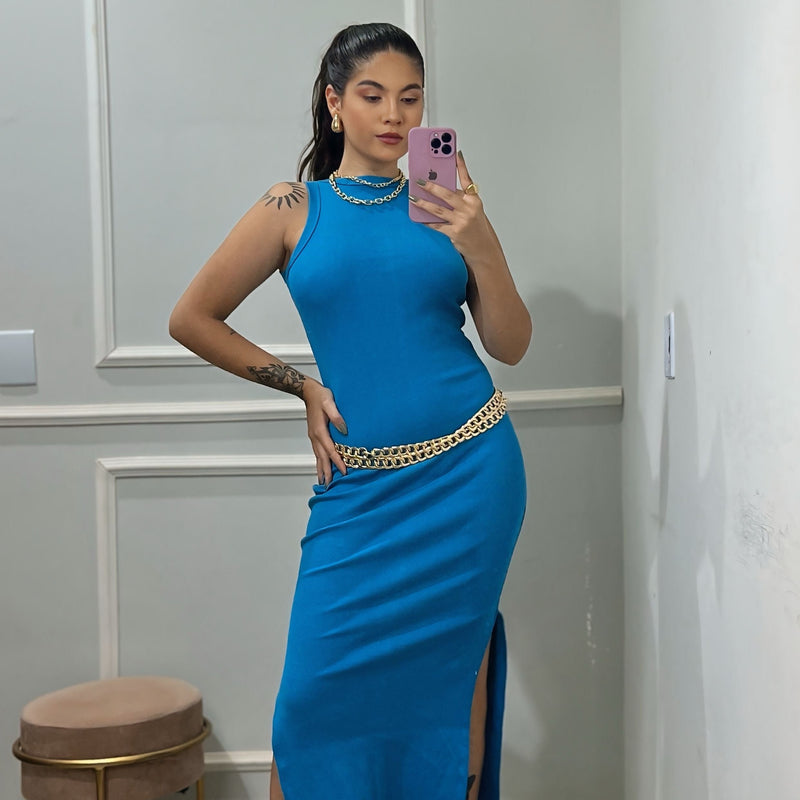 Vestido Midi Regata com Fendas Canelado Ribana
